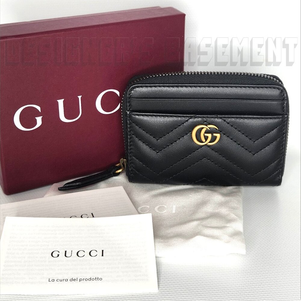 GUCCI black Matelasse Chevron leather GG MARMONT zip around ID window wallet NIB